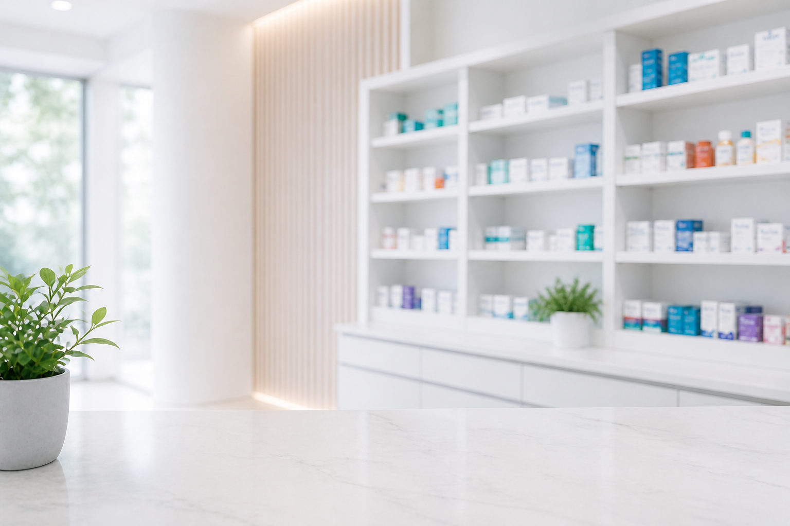 Inside a clean, modern community pharmacy